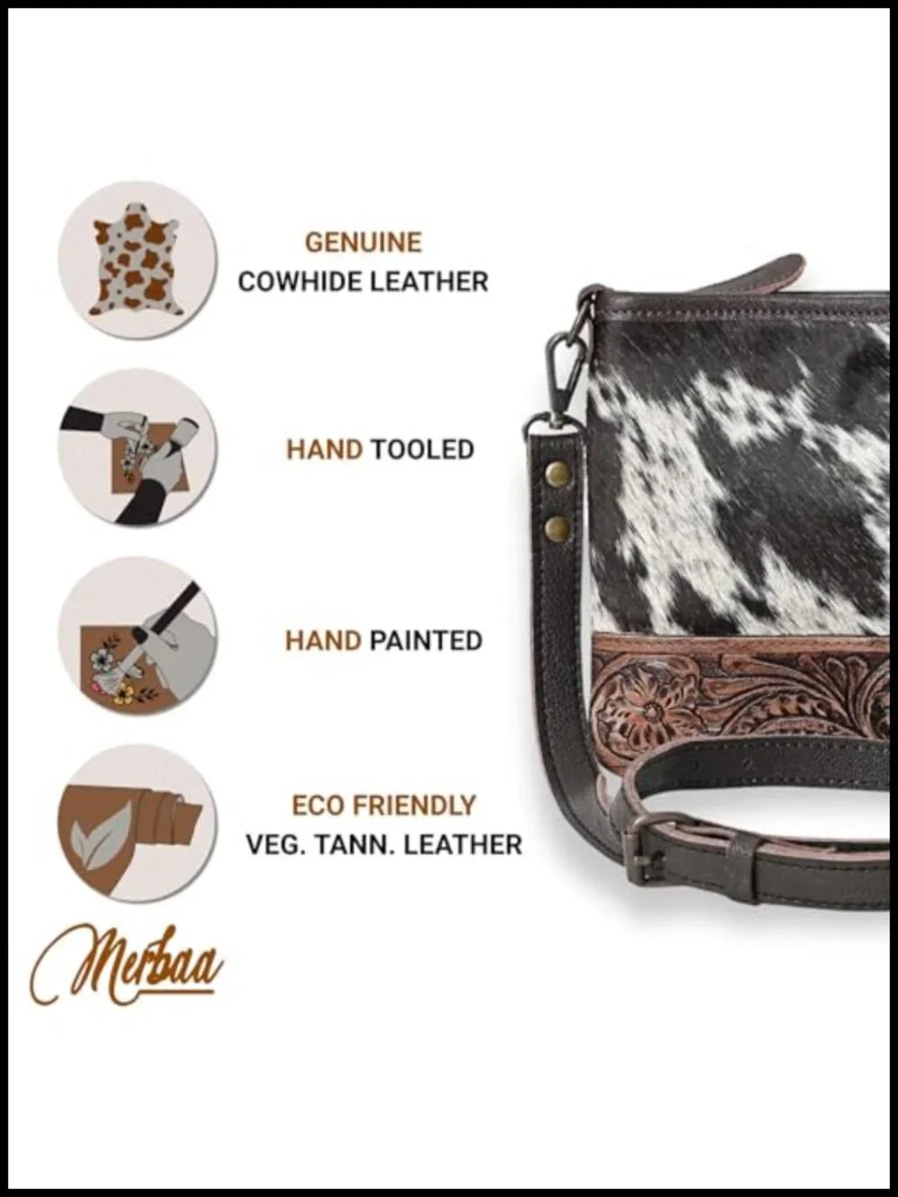 Western Cowhide Tooled Leather Small Crossbody Bag with Adjustable Strap